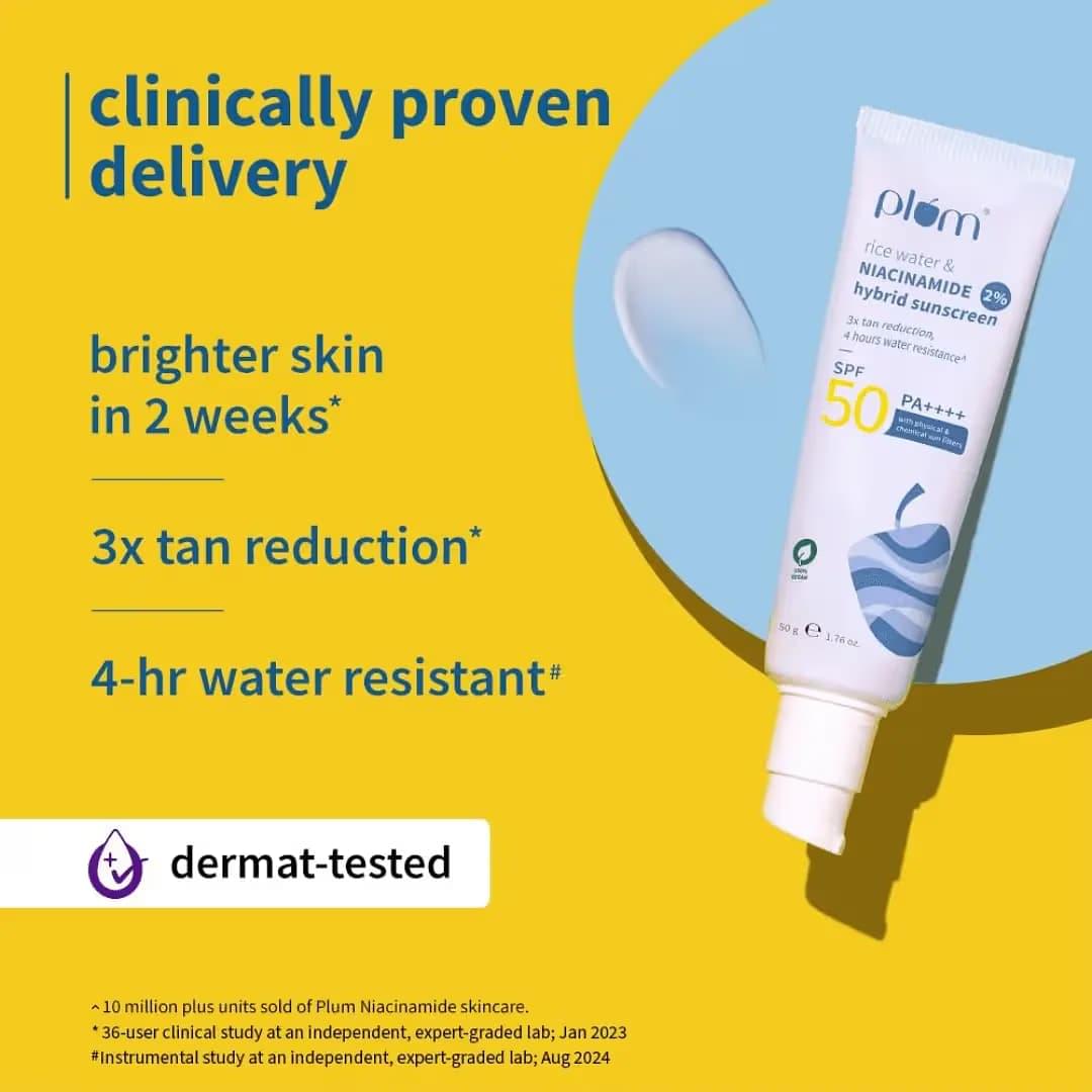 Plum 2% Niacinamide & Rice Water Sunscreen SPF 50 PA+++ (50g) | Broad-Spectrum Sun Protection | Lightweight, Non-Sticky Formula | No White Cast | Helps Brighten Skin & Reduce Tan | Suitable for Oily, Dry and Combination Skin - Image 3