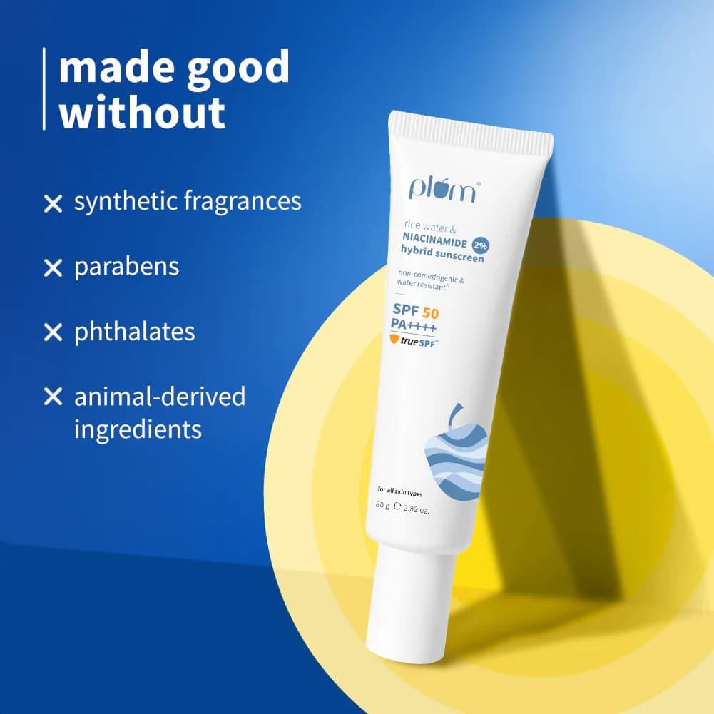 Plum 2% Niacinamide & Rice Water Sunscreen SPF 50 PA+++ (50g) | Broad-Spectrum Sun Protection | Lightweight, Non-Sticky Formula | No White Cast | Helps Brighten Skin & Reduce Tan | Suitable for Oily, Dry and Combination Skin - Image 4